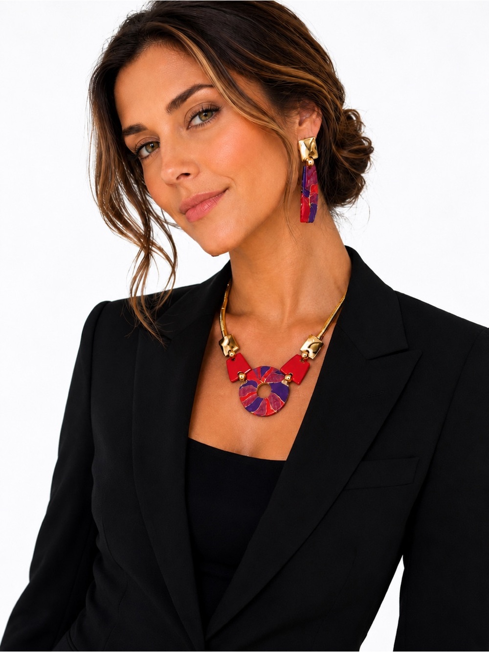 Vintage Lightweight Enamel Statement Necklace & Earring Set Red Purple Gold Tone